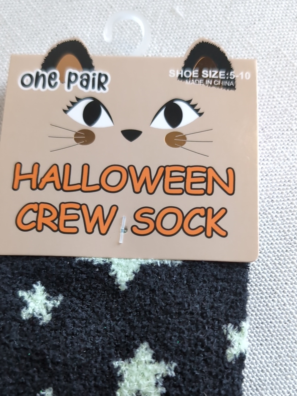 Halloween Crew Socks Cat - Black/White w/ Pale Mint Stars